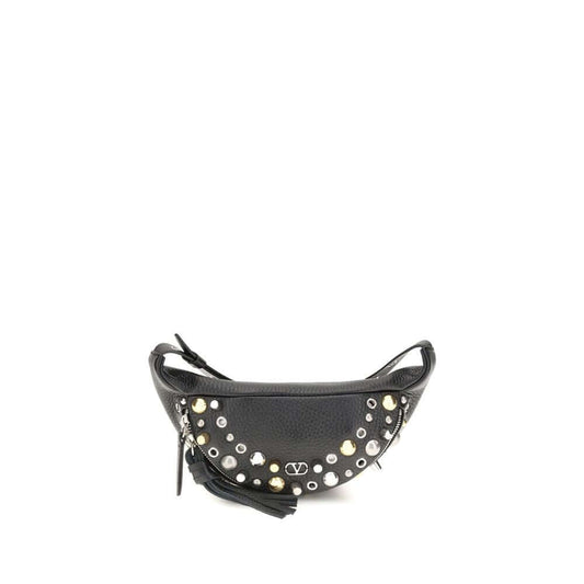 Valentino Garavani Black Calf Leather Bos Taurus Shoulder Bag with ball studs and rivets showcasing elegance and modern design.