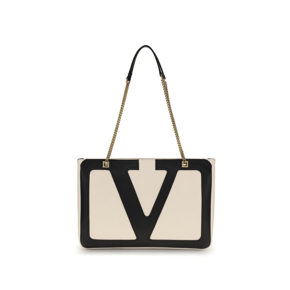 Valentino Garavani Cream Calf Leather Bos Taurus Shoulder Bag with VLogo, chain handle, and back pocket for elegant wear.