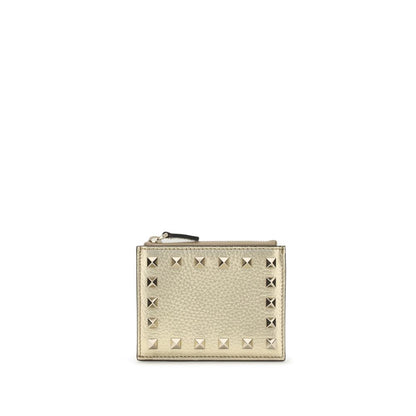 Valentino Garavani Gold Calf Leather Bos Taurus Wallet with iconic Rockstud design, featuring a zippered pocket and card slots, AW25 collection.
