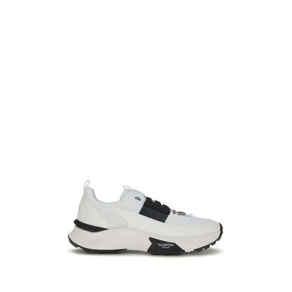 Valentino Garavani White Calf Leather Bos Taurus Athletic Sneakers with mesh and rubberized accents, custom studded sole, side logo view.