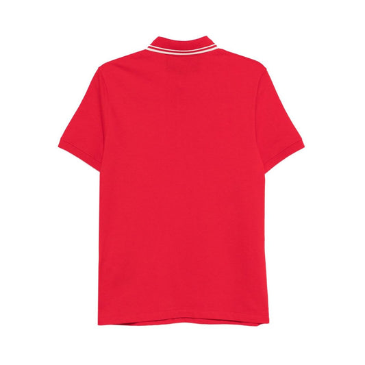 Back view of red Valentino Striped-collar polo shirt with short sleeves and white striped collar.