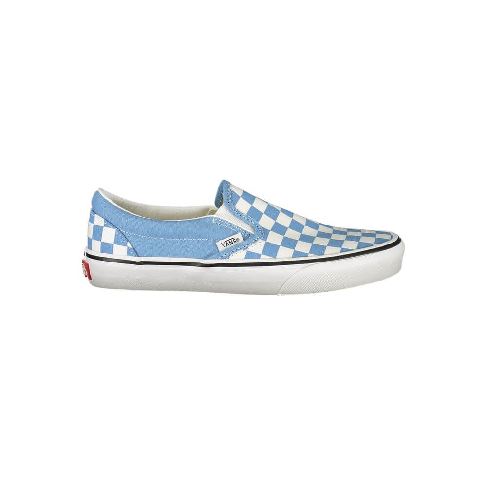 Vans Blue Polyester Sneaker featuring elastic, checked design, classic slip-on style, contrasting details, and logo.