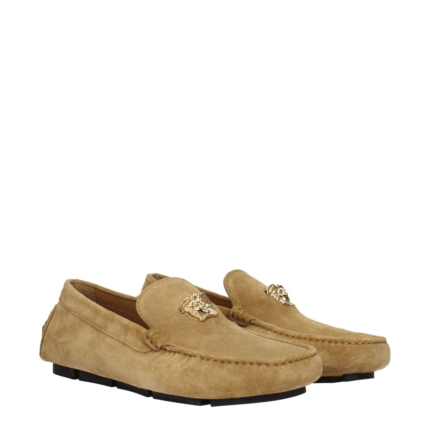Versace Beige Leather Slip-On Loafers with gold front logo, suede material, round toe, and low flat heel.