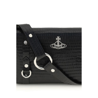 Vivienne Westwood Black Calf Leather Bos Taurus Shoulder Bag with metallic details and snap button closure.