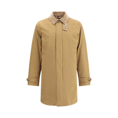 Woolrich Beige Polyester Coat with corduroy collar and concealed closure, perfect for winter elegance and functionality.