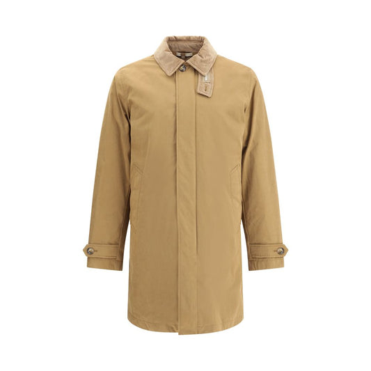 Woolrich Beige Polyester Coat with corduroy collar and concealed zipper, perfect for winter elegance and functionality.
