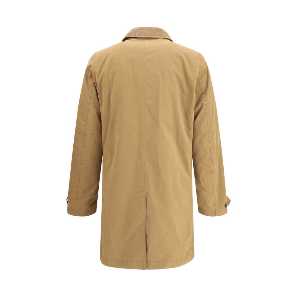 Back view of Woolrich Beige Polyester Coat with corduroy collar, knee length design, and elegant style.