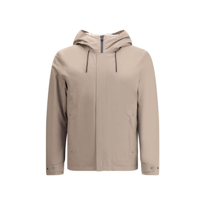 Woolrich Beige Polyester Shell Jacket with adjustable drawstring hood, double-slider zipper, and side welt pockets for functionality.