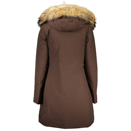 Woolrich Brown Cotton Jackets & Coat with hood, removable fur, long sleeves, 2 pockets, zip, buttons, and logo