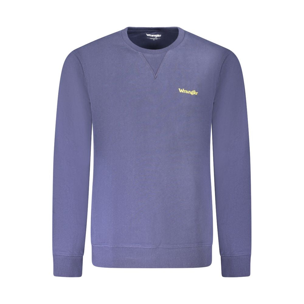 Wrangler Blue Cotton Men Sweater with long sleeves, subtle logo, and brushed texture for stylish, comfortable wear. Perfect wardrobe essential.