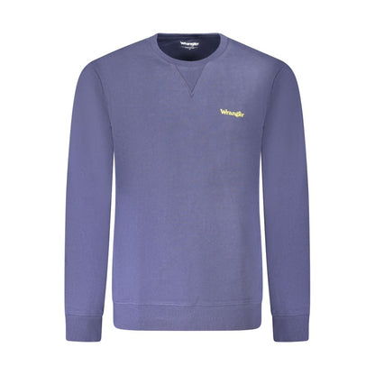 Wrangler Blue Cotton Men Sweater with long sleeves, subtle logo, and brushed texture for stylish, comfortable wear. Perfect wardrobe essential.