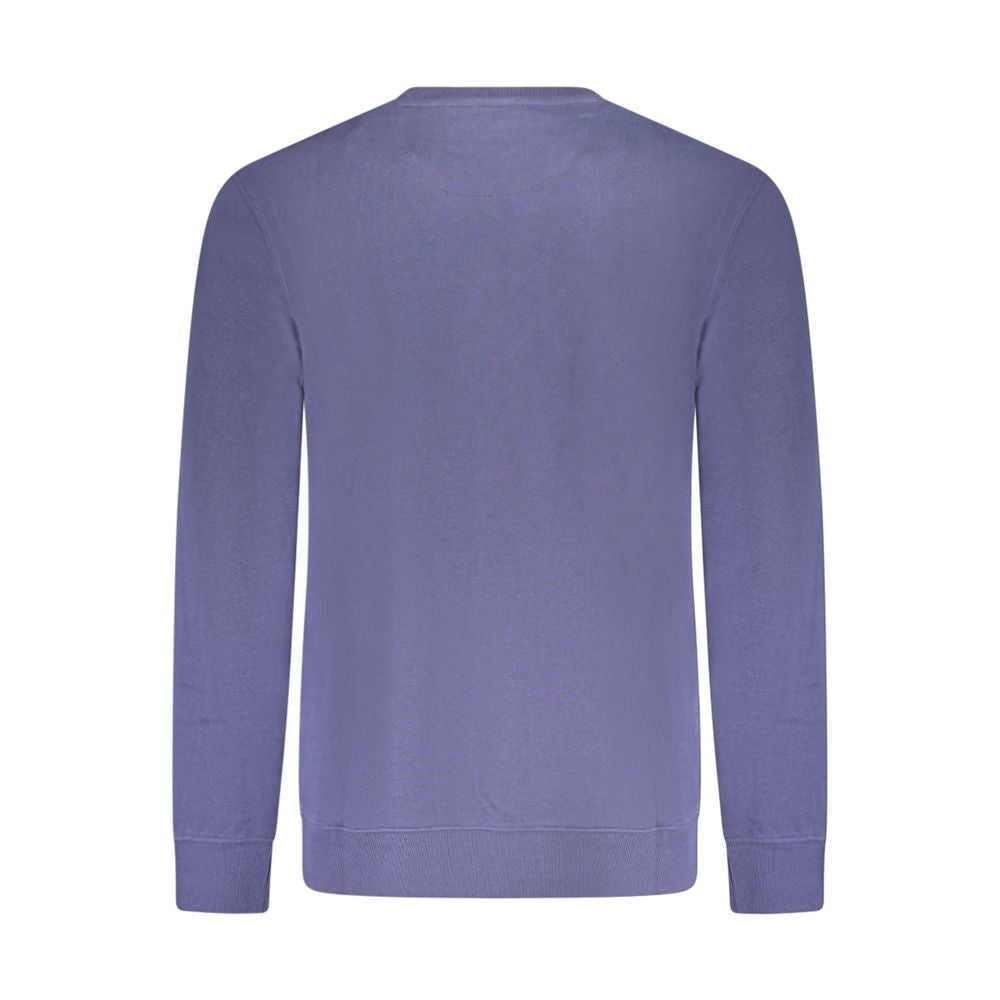 Back view of Wrangler Blue Cotton Men Sweater showing crew neck and long sleeves with subtle logo, highlighting brushed texture comfort.
