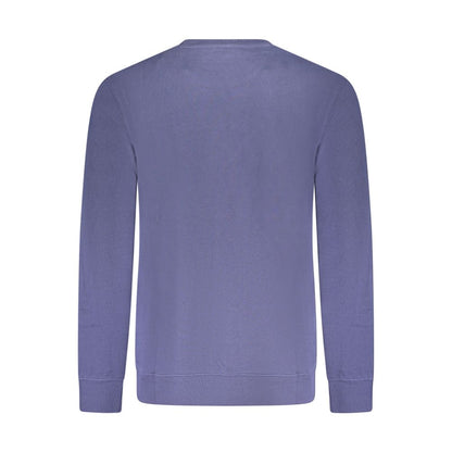 Back view of Wrangler Blue Cotton Men Sweater showing crew neck and long sleeves with subtle logo, highlighting brushed texture comfort.