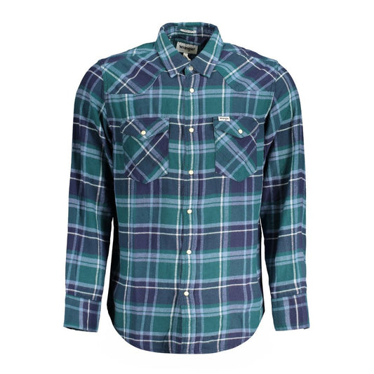 Wrangler Green Cotton Shirt with Italian collar, Scottish flannel design, automatic button cuffs, and pockets.