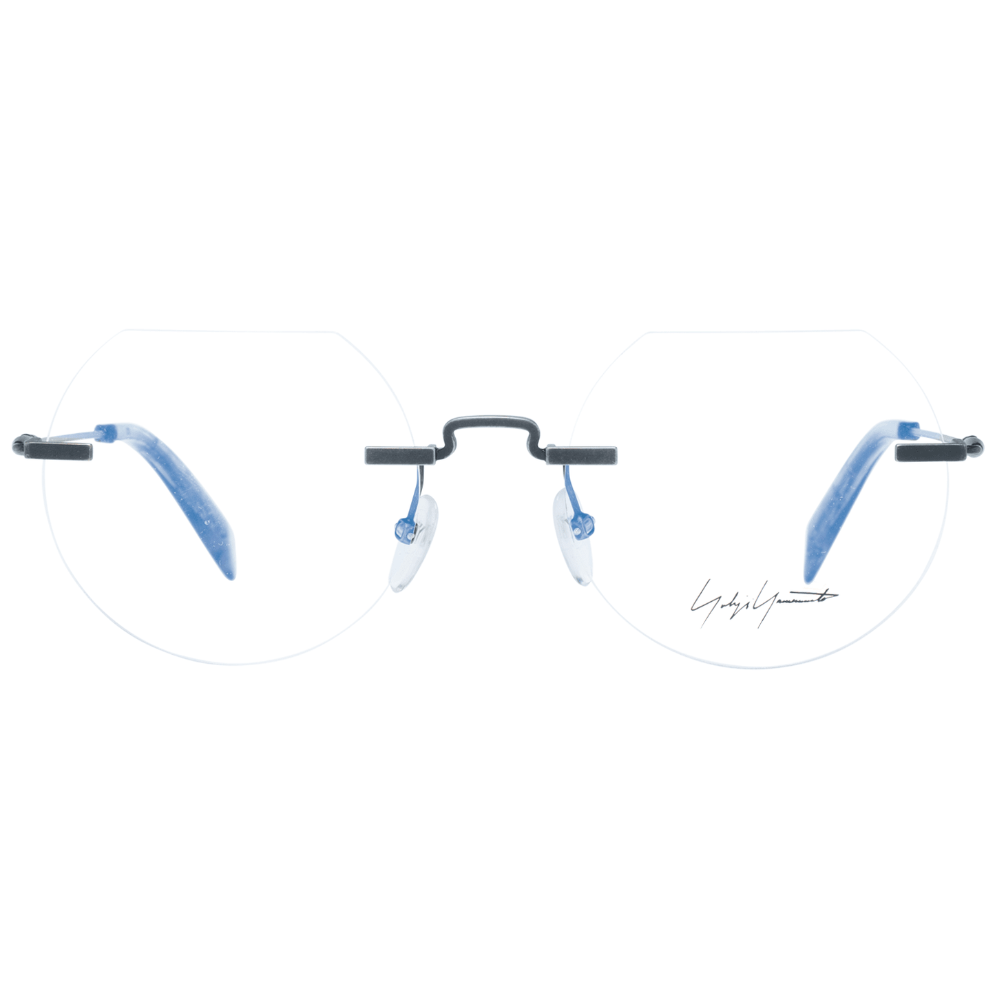 Yohji Yamamoto Gray Metal Glasses (Frames) with rimless round lenses, grey metal frame, and blue temples; includes branded soft case.