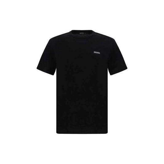 ZEGNA Black Cotton T-Shirt with ribbed crew neck and iconic monogram on front, 100% cotton, made in Portugal, regular fit, AW25 season.