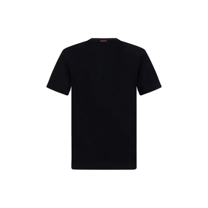 ZEGNA Black Cotton T-Shirt with ribbed crew neck and monogram, regular fit, 100% cotton, made in Portugal, back view.