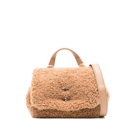 Zanellato Postina Baby Teddy handbag in beige fuzzy texture, featuring a top handle and strap.