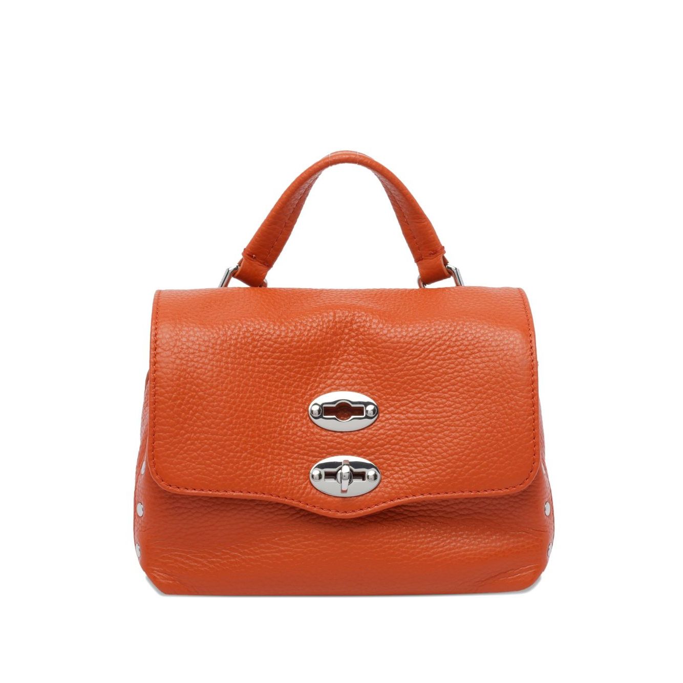 Zanellato Postina Daily Baby leather handbag in orange calf leather with turn-lock closure and stud detailing, front view.