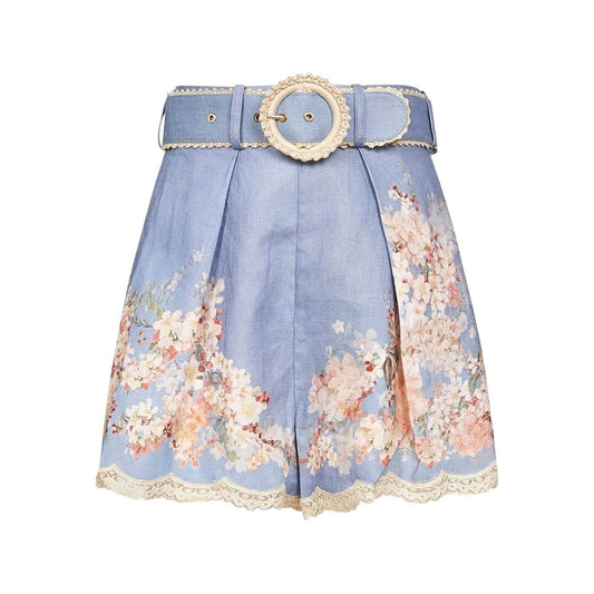 Zimmermann Floral-print belted shorts with blue botanical print, scalloped lace trim, high waist, pleats, and detachable belt.