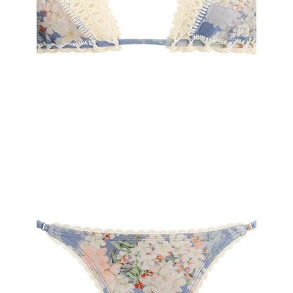 Zimmermann Light Blue Polyamide Bikini with floral print, crochet details, drawstring top, and adjustable side ties for feminine elegance.