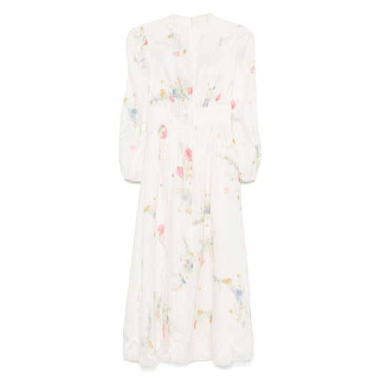 Zimmermann Lucky low-cut lace midi dress in ecru with floral print, button and zip fastening, featuring elasticated cuffs.