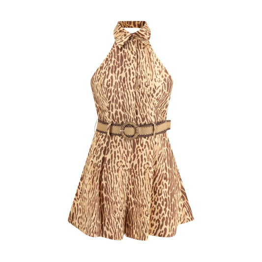 Zimmermann Multicolor Linen Casual Dress with leopard print, featuring a raffia belt and elegant design.