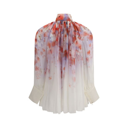 Zimmermann Multicolor Viscose Blouse with floral print, button-front, semi-sheer design, and draped details, AW25 season.