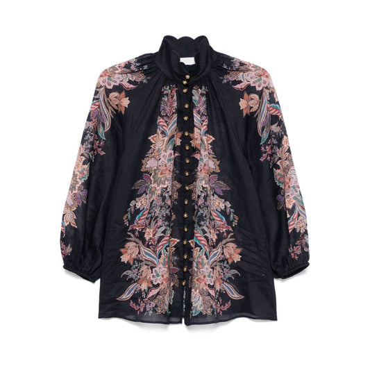 Zimmermann Rhiannon Billow blouse featuring navy blue paisley print with front button fastening and elasticated cuffs.