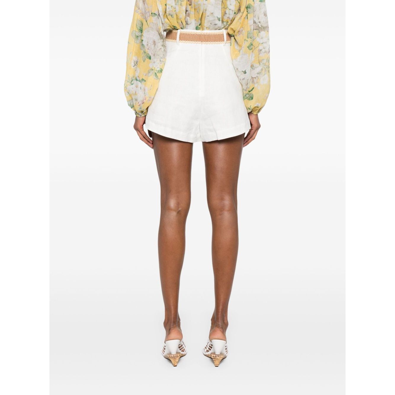 Back view of Zimmermann Shorts Ivory with white rear zip, high waist, belt loops, two side pockets, Rhiannon linen fabric.