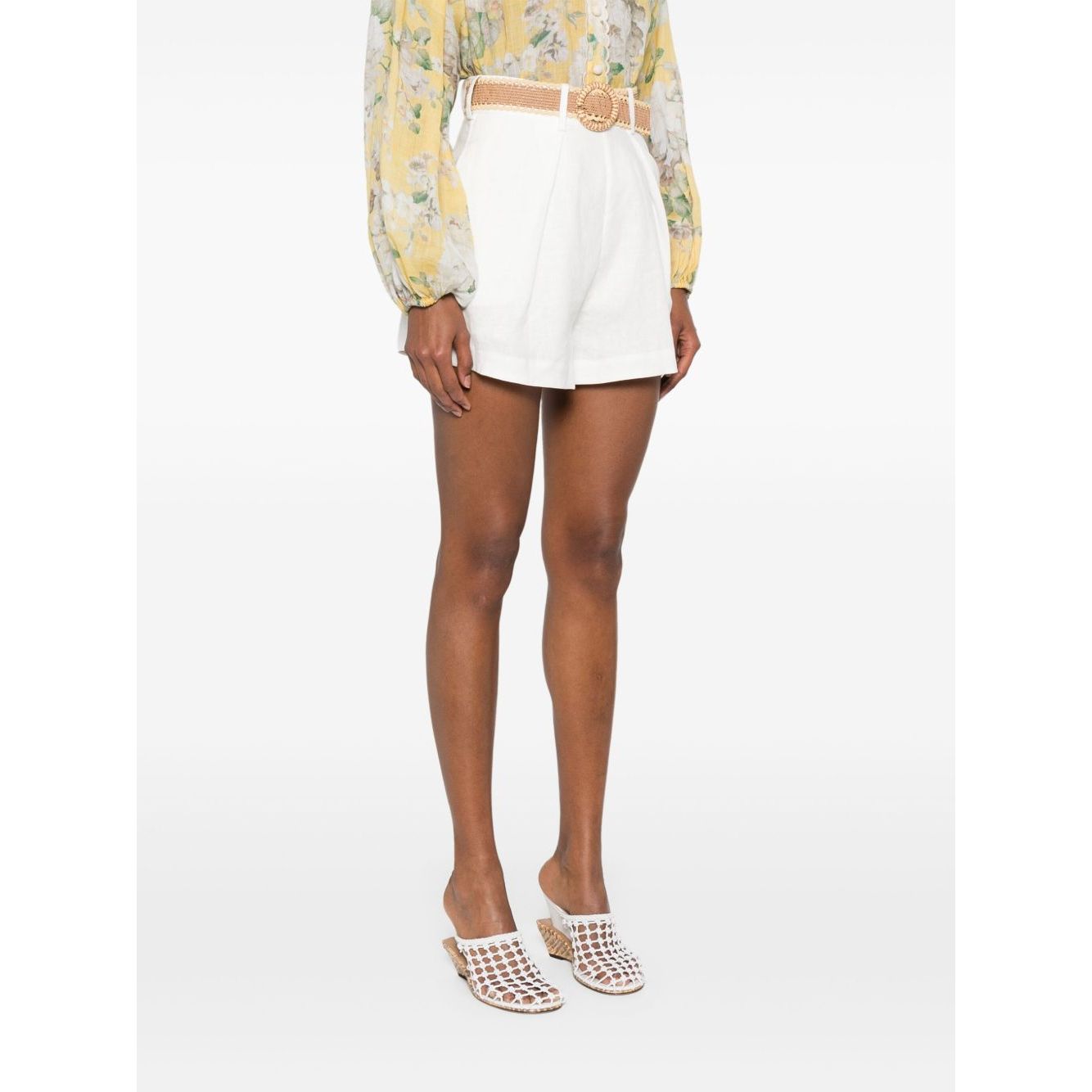 Zimmermann Shorts Ivory with rear zip fastening, high-waisted belt loops, and side slit pockets, showcased in Rhiannon linen.