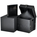 DIESEL Mod. CLIFFHANGER official packaging box for wristwatch with black leather design and branded instructions.