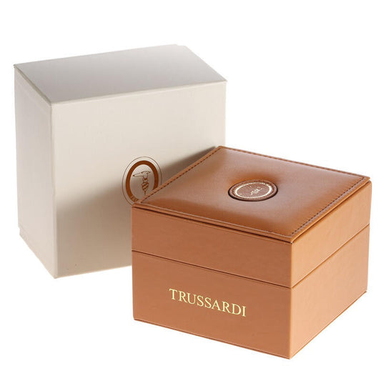 Elegant packaging box for TRUSSARDI MOD. T-CITY wristwatch, showing branded leather finish and protective outer box.